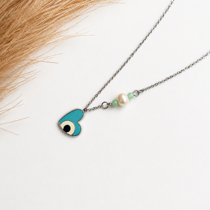Aqua Evil Eye Heart Necklace